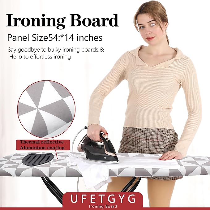 Ironing Board with Silicone Iron Rest pad,Extra Thick Cover,14x54 Compact and Space Saver Iron Board, Height Adjustable,Stable Structure, Easy to Fold, Gray and White