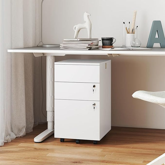 Giantex 3-Drawer File Cabinet with Lock, 27-Inches Storage Cabinet with 2 Side Hooks, Mobile Printer Stand, Wheels, 4 Keys, Vertical Filing Organizer fits Letter/A4 Size for Home Office (White)
