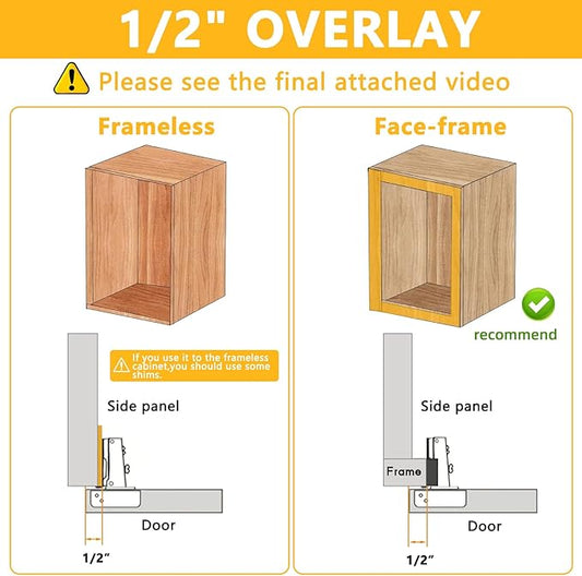 2 Pack Soft Close Cabinet Door Hinges for 1/2" Partial Overlay Cupboard, 100 Degree Opening Angel, Stainless Concealed Kitchen Cabinet Hinges with Mounting Screws and Manual