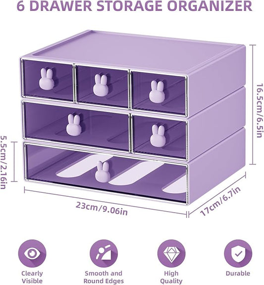 Marbrasse Desk Organizer with 6 Drawers, 3 Tier Stackable Storage Drawers Plastic Makeup Storage, Office Organizers and Storage, Desk Storage Box for Office, School, Home Purple