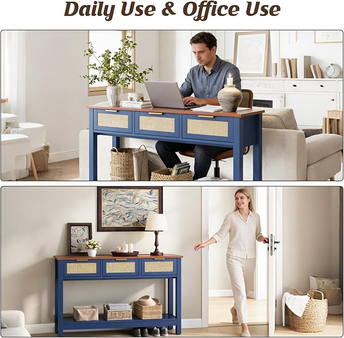 Luoxiao 47" Blue Entryway Table with 3 Rattan Drawers and Open Shelf Storage, Long Sofa Tables for Living Room, Console Entry Table for Hallway, Foyer, Couch, Front Door