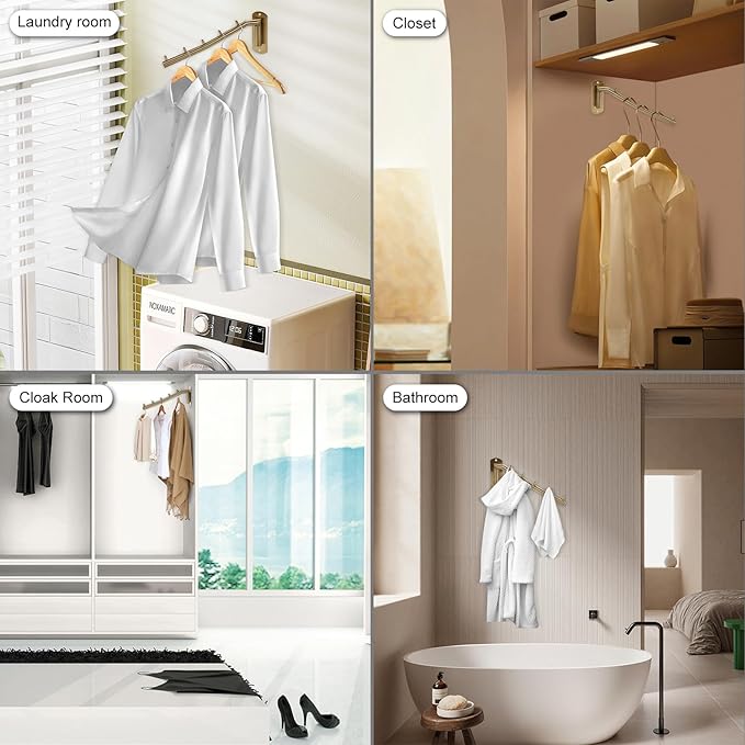 Sumnacon Stainless Steel Clothes Hanger Rack-Wall Mount Garment Hook with Swing Arm, Sturdy Coat Robe Storage Organizer for Laundry Room Bedrooms Clothing Drying Rack with 5 Hooks, Gold