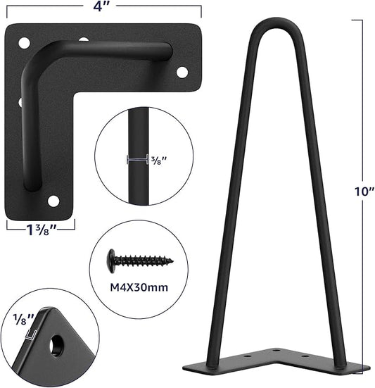 SMARTSTANDARD 10 Inch Heavy Duty Hairpin Furniture Legs, Metal Home DIY Projects for TV Stand, Sofa, Dresser with Rubber Floor Protectors Black 4PCS