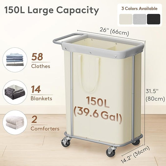 Lifewit 150L Large Laundry Basket with Wheels, Tall 2 Section Laundry Hamper Organizer, Rolling Laundry Cart with Steel Frame & Removable Bag for Luandry Room Bathroom Bedroom, White