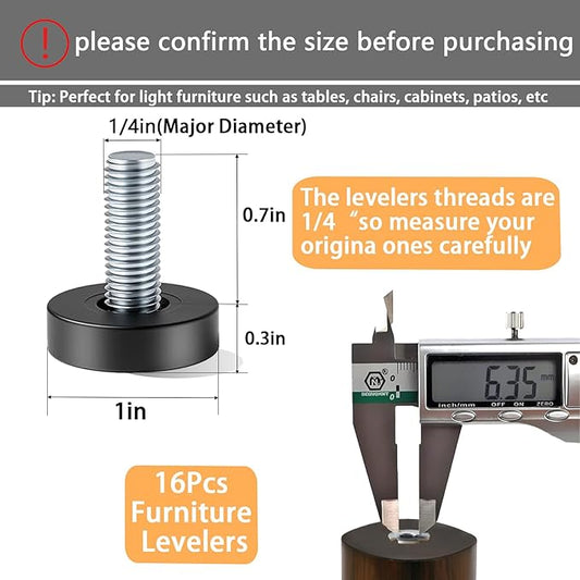 1/4" Thread Leveling Feet, 16 PCS Furniture Levelers, Adjustable Furniture Feet Threaded Screw in, Table Levelers for Adjusting Individual Table Legs