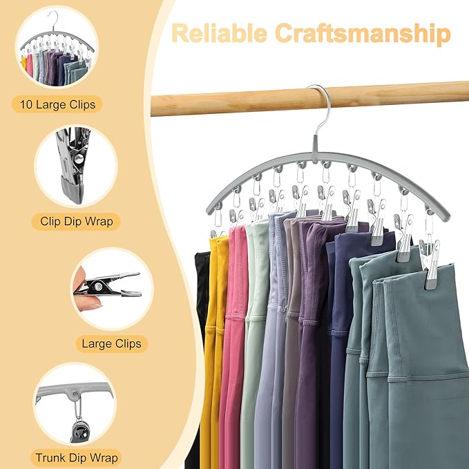 Legging Organizer for Closet, Metal Yoga Pants Hanger w/Rubber Coated 4 Pack w/10 Clips Hold 40 Leggings, Hangers Space Saving Hanging for Closet Organizers and Storage-Gray