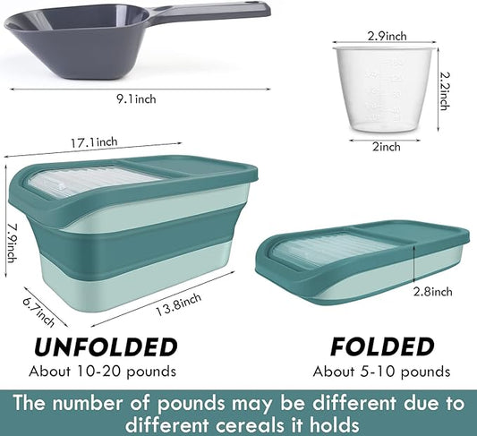 Pet Food Storage Containers, Collapsible Dog Food Container with Sliding Lid,13lb Cat Food Storage with Measuring Cup & Scoop, Plastic Dog Food Bin(green)