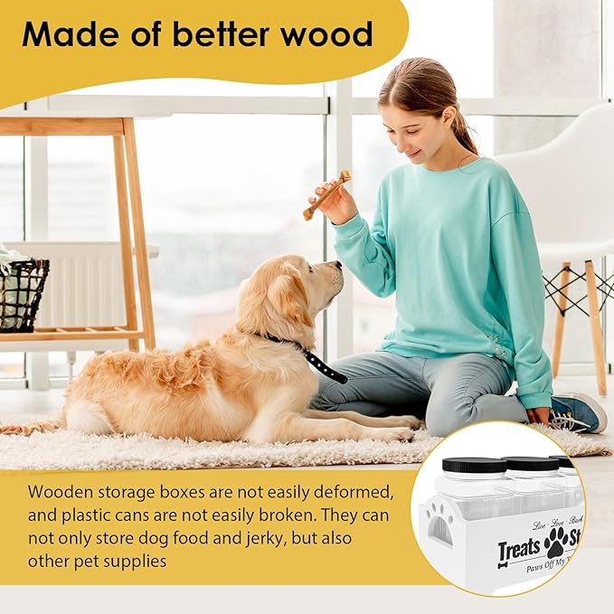 Dog Treat Container with 3 Plastic Treat Jars Wood Dog Food Container with Handles Dog Food Storage Container Decorative Cat Food Container for Dog Food Storage (White)