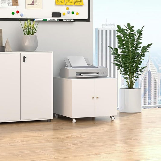 Printer Stand with Storage Cabinet with Wheels,3D Heavy Duty Metal Large Printer Table with Adjustable Shelf for Home Office, Mobile Printer Cart,White,17.7" H