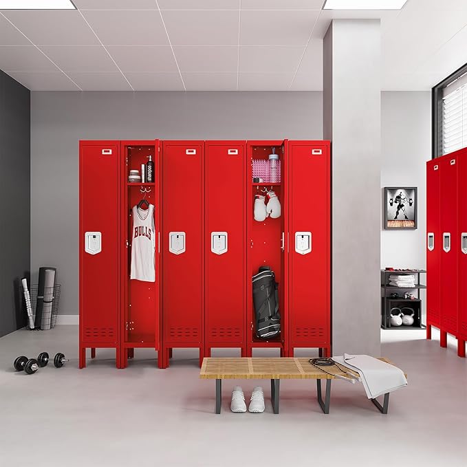 Metal Storage Locker with Lock & Card Slot Locker - Secure Lockable Door - Steel Locker for School, Office, Gym, Home - 66.15" H x 11.8" W x 11.8" D(1 Door, Red)