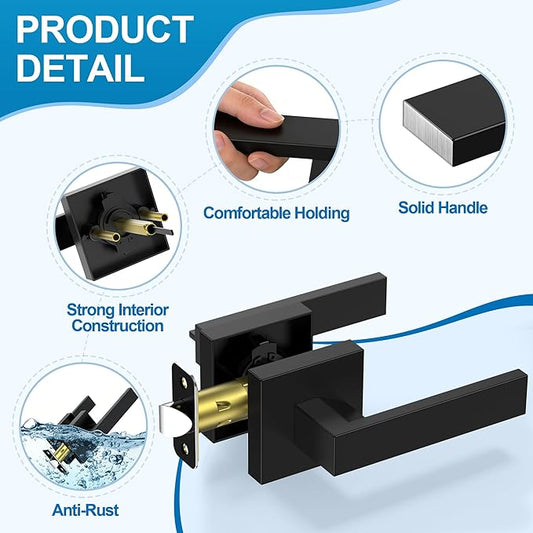1 Pack Matte Black Door Handles, Passage Door Levers for Hallway & Closet, Interior Keyless Door Knobs Heavy Duty Square Non-Locking Handlesets, Reversible for Left & Right Sided Doors
