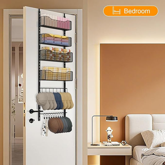 Over the Door Organizer, 2 in 1 Metal Hanging Closet Organizer & Hat Rack with 4 Adjustable Baskets, 8 Hooks, 10 Clips, Behind The Door Storage for Bedroom, Bathroom, Entrance, Closet, Kitchen, Black