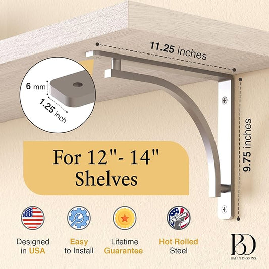 Classic Silver Heavy Duty Shelf Brackets 12 inch by Balin Designs – Chrome L Bracket, Wall Mounted Support, Shelving Metal Bracket, Decorative Shelf Brackets, with Hardware Included, Set of 2