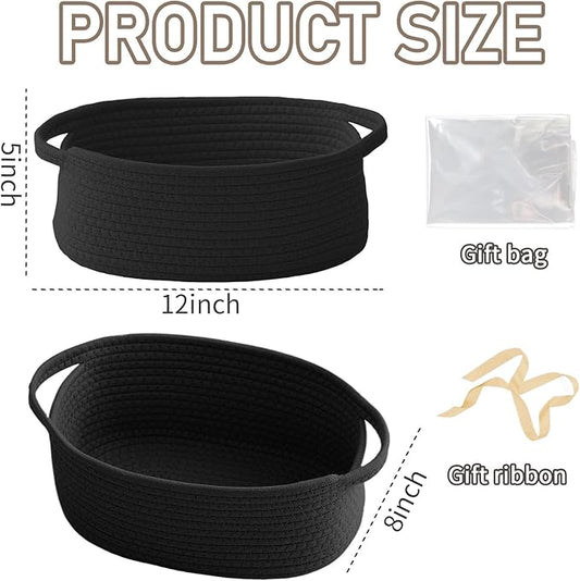 Woven Basket,Small Rope Storage Bin with Handles & Ribbon Bag, Organizer for Shelves Closets,Gift Basket Empty for Birthday,Books,Dog Toys, Black