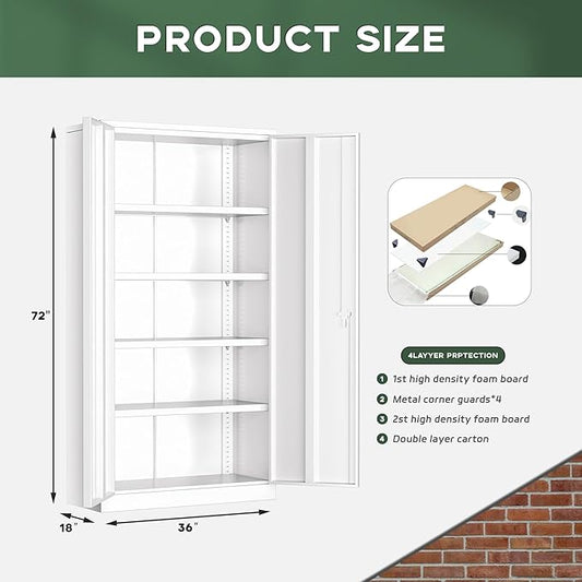 Greenvelly Metal Garage Storage Cabinet with Doors and Adjustable Shelves,72" Steel Lockable File Cabinet for Home Office,Garage,School(White,36" W x 18" D)