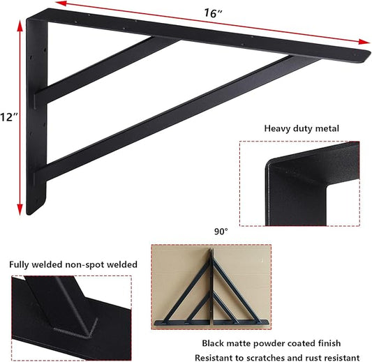 2Pcs Heavy Duty Shelf Bracket Countertop Support Brackets 16"x12" Wall Mounted Floating Shelf Bracket,Solid Fireplace Metal Brackets for Shelves for Tops Cabinetry Table Work Bench