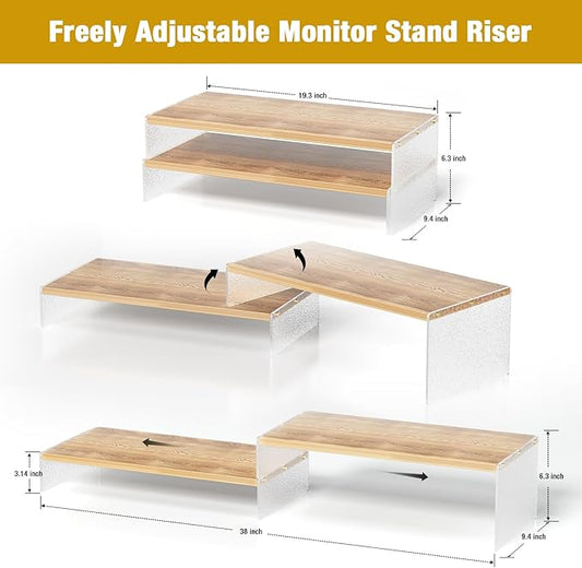 Adjustable Monitor Stand Riser with Acrylic Legs丨9.4" Wide Dual Monitor Stand for Desk丨2-Tier Wood Desktop Organizer for Computer, Laptop, Printer & PC丨Modern Aesthetic Desk Shelf(wood-glacial striae)