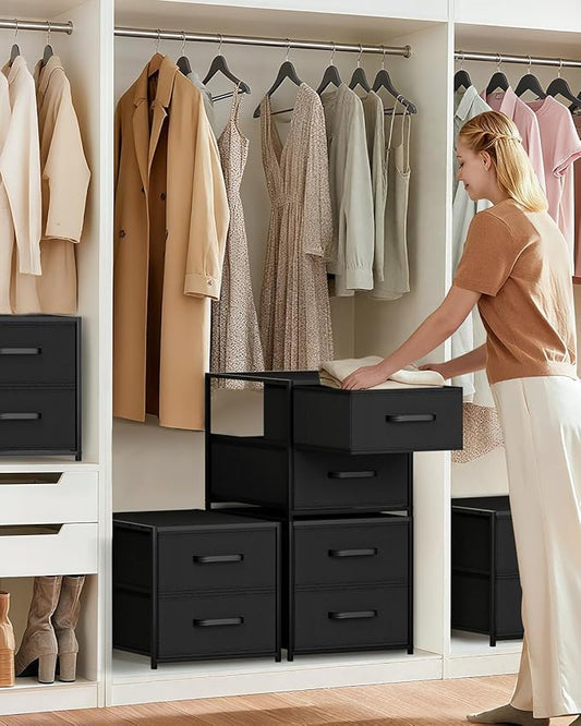 Stackable Storage Drawers - 2 Tier Closet Drawers, Closet Organizer with Metal Handles, Night Stand with Collapsible Bins, Fabric Dresser for Bedroom, Dorm, Office, Black, 2 Pack