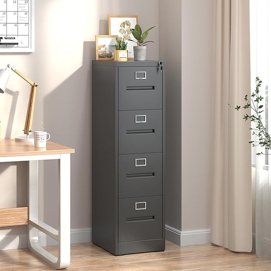 4 Drawer File Cabinet, Vertical File Cabinets with Lock for Home Office,Heavy Duty Office Steel Filing Cabinet for Hanging Letters/Legal/A4, Assembly Required (Black)