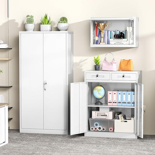 Greenvelly Metal Storage Cabinet, 42' White Steel Garage Cabinet with 2 Doors, Adjustable Shelves, Locking for Office, School or Tool Organization