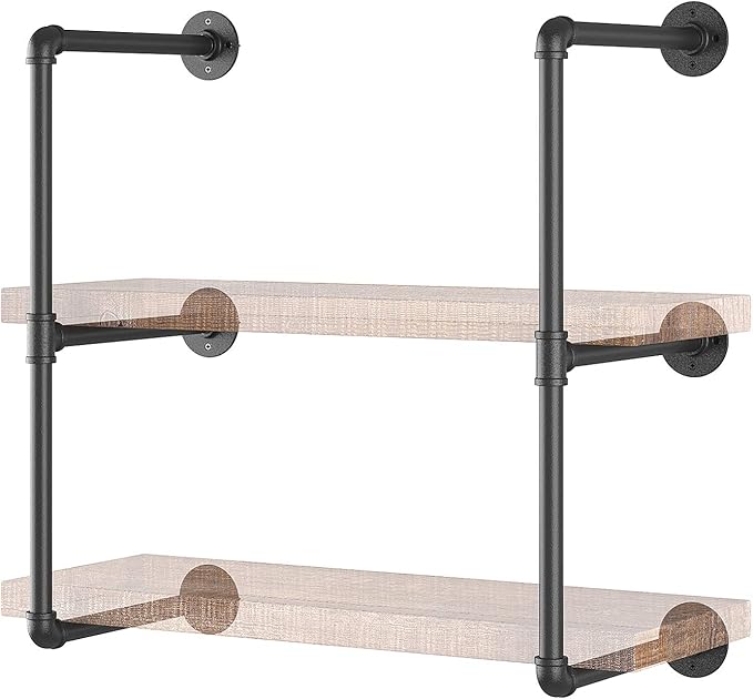 Yuanshikj 2Pc (28" Tall,12" deep,3/4") Industrial Wall Mount Iron Pipe Shelf Shelves Shelving Bracket Black DIY Bookshelf Storage Office Room Kitchen (2 Pcs 3Tier Hardware Only)