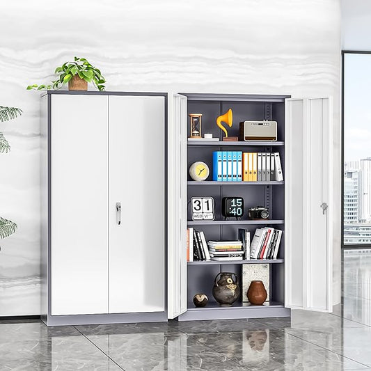 INTERGREAT Metal Storage Cabinet, 72” H Storage Cabinet with 2 Doors and 4 Adjustable Shelves for Office, Home, Garage, Pantry (Assembly Required, Grey White)