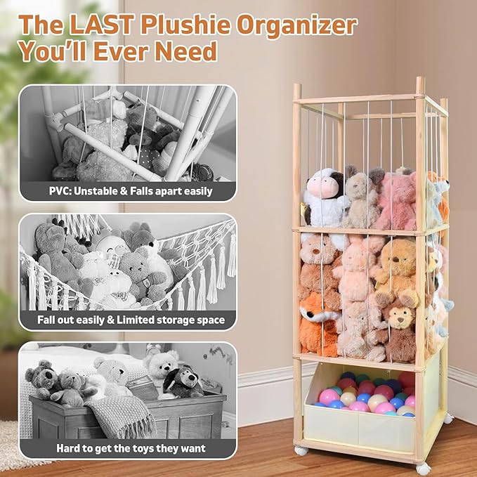 Stuffed Animal Storage with Tiny Toys Tray, Wood Stuffed Animal Zoo Storage with Brake Wheels, Space-Saving Plushie Playhouse for Nursery, Playroom, Kids Bedroom- Easy Assembly