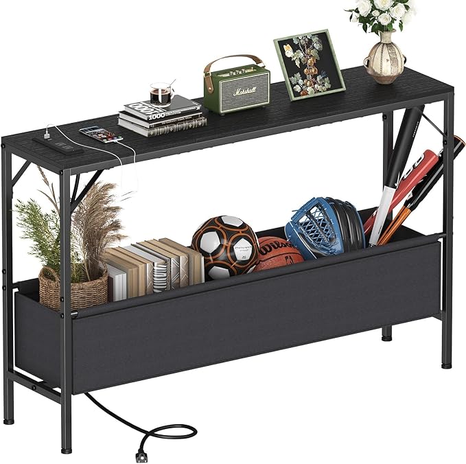 Console Tables with Charging Station and Storage Basket, 47.2'' Entryway Table Narrow with Power Outlets USB Ports, Couch Table Behind Sofa, Hallway Table for Foyer, Living Room, Black