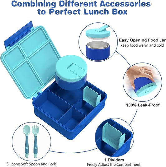 Bento Lunch Box with 8oz Soup Thermo, Kids Leakproof Lunch Food Containers with 4 Compartment, Kids Thermo Insulated Hot Food Jar for School, Trvael(Blue
