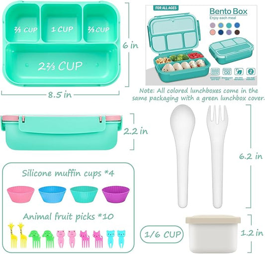 QQKO Bento Box for Kids Adults, School Toddler Lunch Box for Boys Girls, Lunch Box Containers with 4 Compartments, Sauce Container, Utensils, Food Picks and Muffin Cups for School, Pink Green