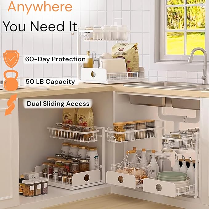 Under Sink Organizer, 2 Pack, 2 Tier Pull Out Sliding Shelf, Adjustable Height, Heavy Duty, Cabinet Organizer for Kitchen Bathroom, Tool-Free Install White