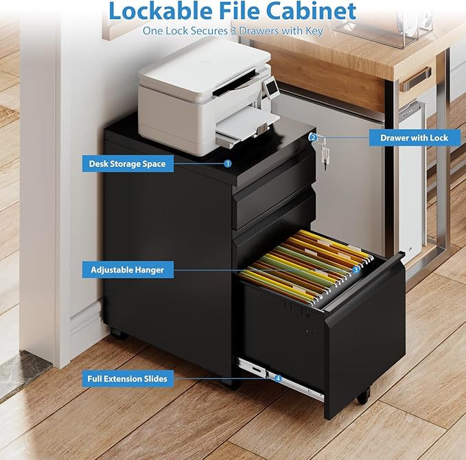 3 Drawer Mobile File Cabinet with Lock,Under Desk Rolling File Cabinet for Home Office Fits Legal/Letter/A4 File (Unassembled,Black)