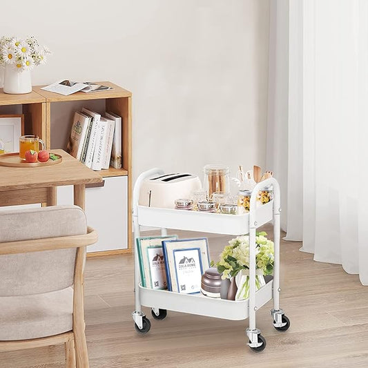 2 Tier All-Metal Rolling Cart, Rolling Storage Cart with Handle and Locking Wheels Kitchen Cart Laundry Office Bathroom Storage Organizer Cart, White
