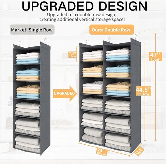 Space-Saving Hanging Closet Storage Organizer – Dual-Row Foldable Shelves with 3 Hooks, 6-Tier Wardrobe Organizer for Dorm, Bedroom, Closet (Grey)