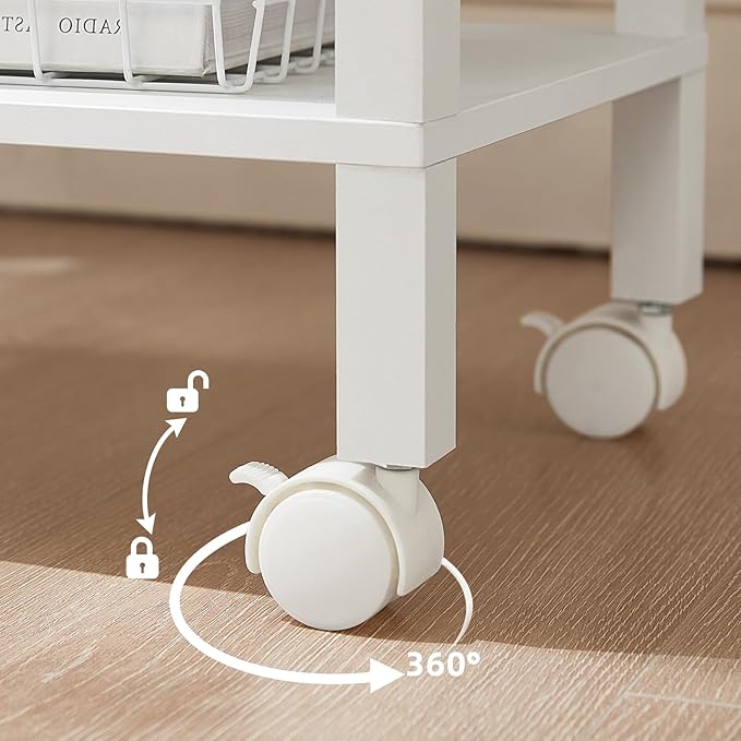 2 Tier Under Desk Printer Stand with Storage, Small Printer Table with Charging Station, Rolling Printer Cart Shelf with Lockable Wheels for Home, Office (White)