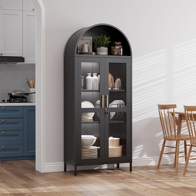 Metal Arched Bookcase Cabinet with 3 LED Strips,Lockable Arched Display Cabinet with Glass Doors for Living Room, Home,Office, Assembly Required (Black)