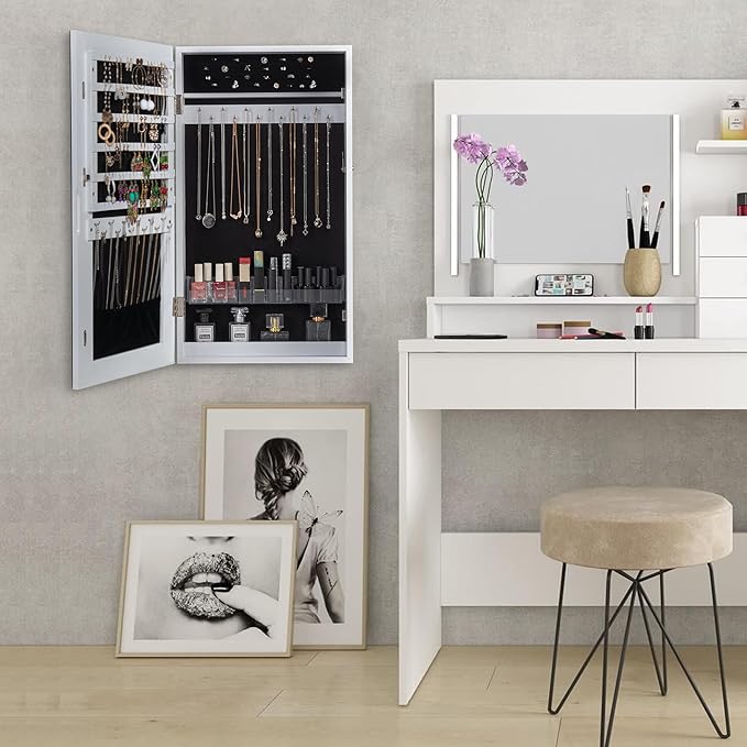 LAVIEVERT Lockable Jewelry Cabinet Armoire with Frameless Mirror, Wall/Door Mounted Space Saving Jewelry Display Organizer with Lipstick Compartments - White