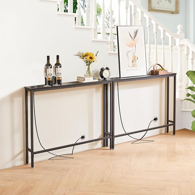 IBUYKE 2 Pack Console Table Narrow Long Sofa Table with Power Outlets USB Ports,Industrial Wooden Entry Table with Charge Station with Extension Cord,for Entryway Living Room Hallway Black TMJ061B-2