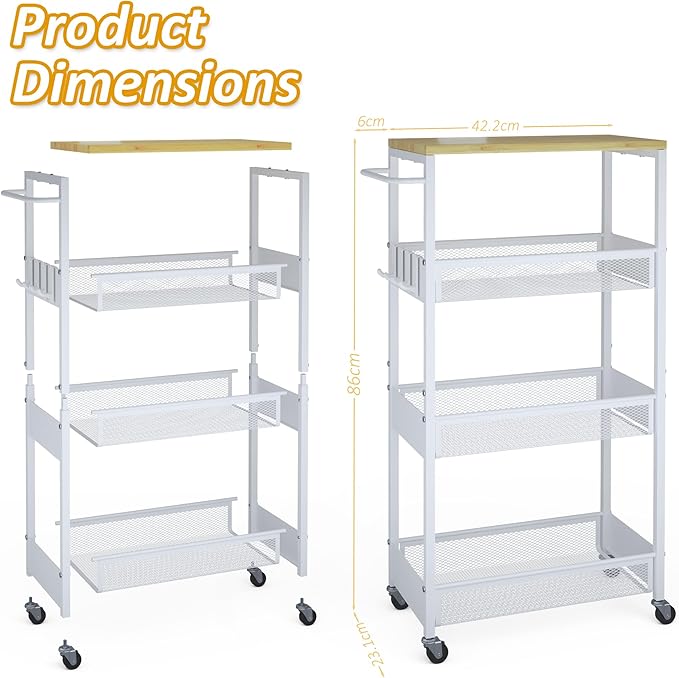Slim Rolling Utility Cart, 4 Tier Metal Narrow Storage Cart with Handle and Wood Top, Multifunctional Small Mobile Shelf Unit Organizer Trolley for Laundry, Bathroom, Kitchen
