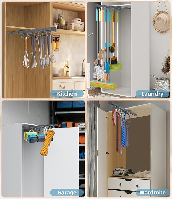 Pull Out Broom Holder, Multifunctional Slide Broom And Mop Storage/Organizer With Adjustable Double Row Sliding Hook, Garage Organization Hooks, for Closet Laundry Garage 46CM - grey - 46cm/18.11inch