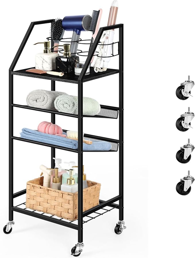 OYEAL 4 Tier Metal Bathroom Cart on Wheels Black Freestanding Bathroom Shelf Organizer with storage shelves Hair Dryer Holder Movable Towel Storage Cart for Liviing Room, Laundry Room, Kitchen