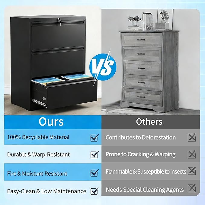 2 Drawer Lateral File Cabinet with Lock, Metal Lateral Filing Cabinet for Home Office, Steel Wide Horizontal Filing Cabinets for Letter/Legal/A4/F4 Hanging Files (Black)