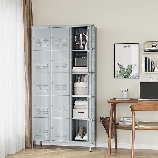 Letaya Metal Lockers for Employees-15 Door Storage Locker with Shelves and Lockable Steel Cabinet for School,Gym,Office,Staff(Grey, 15 Door)