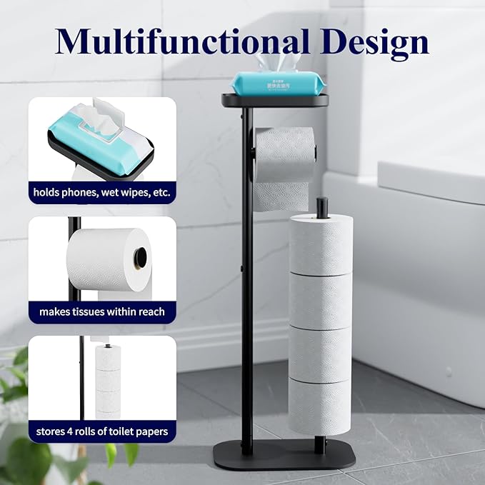 Kitsure Toilet Paper Holder Free Standing – Rustproof Metal Toilet Paper Stand for 4 Rolls with Anti-Slip Base and Shelf for Phone & Small Items, Bathroom Organizers and Storage, Large, Black