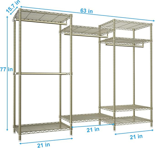 Ulif E13 Heavy Duty Clothes Rack(With 4 Hanger Rods & 8 Shelves) Freestanding Clothing Racks for Hanging Clothes,Adjustable Closet Organizer,Metal Garment Rack 63" W x16 D x77 H,Max Load 900LBS,Gold