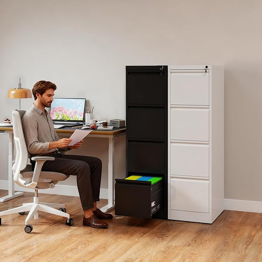4 Drawer File Cabinet with Lock, Vertical Filing Cabinets for Home Office, Metal Storage Cabinets, Heavy Duty File Cabinet for Letter/Legal/A4/F4 Size Amsseble Required, Black