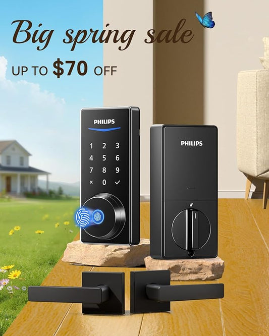 Philips Wi-Fi Smart Lock with Handles, WiFi Keyless Entry Front Door Lock Set, Keypad Deadbolt with Handle App Fingerprint Code Unlocking, Auto Locking, Built-in WiFi, Remote Control & Voice Unlock
