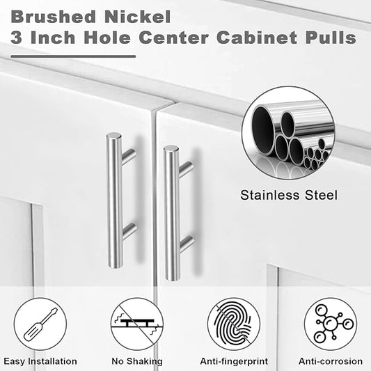 Estmoon 30 Pack Brushed Nickel Cabinet Handles 3 Inch Hole Center Drawer Pulls Stainless Steel Cabinet Pulls Silver Kitchen Handles Cabinet Hardware for Drawers, Cupboards - 5" Length, 3" Hole Center