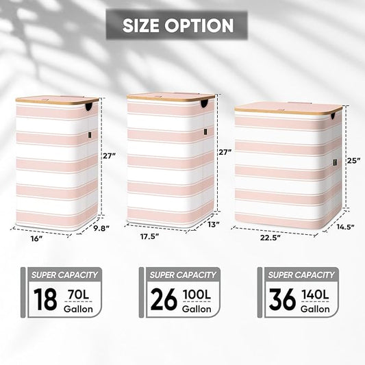 BALEINE Laundry Hamper with Lid, Tall Laundry Baskets with Bamboo Pull Handles, Large Laundry Bin with Internal Support (26 Gal/100L, Pink Stripe)