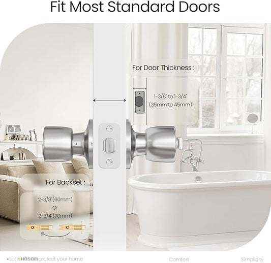 HOSOM Privacy Door Knob with Lock,2 Pack Interior Door Knobs for Bedroom and Bathroom, Keyless Doorknob with Round Ball, Satin Nickel Door Handle
